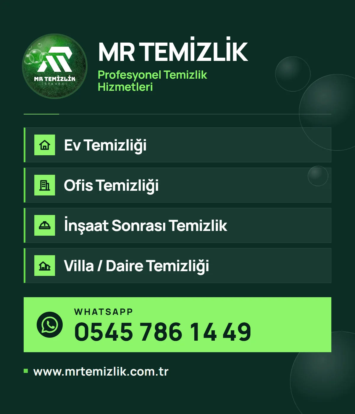 MR Temizlik – Profesyonel Temizlik Hizmetleri: Ev Temizliği, Ofis Temizliği, İnşaat Sonrası Temizlik, Villa / Daire Temizliği. WhatsApp: 0545 786 14 49. www.mrtemizlik.com.tr